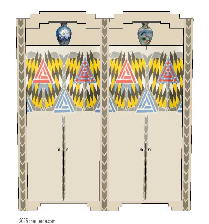 new CR Mackintosh Derngate style painted bedroom 4 door double wardrobe with painted Cubist patterns