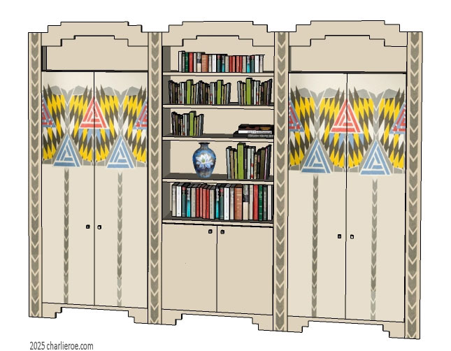 new CR Mackintosh Derngate style painted bedroom 4 door double wardrobe with middle display unit bookcase & painted Cubist patterns