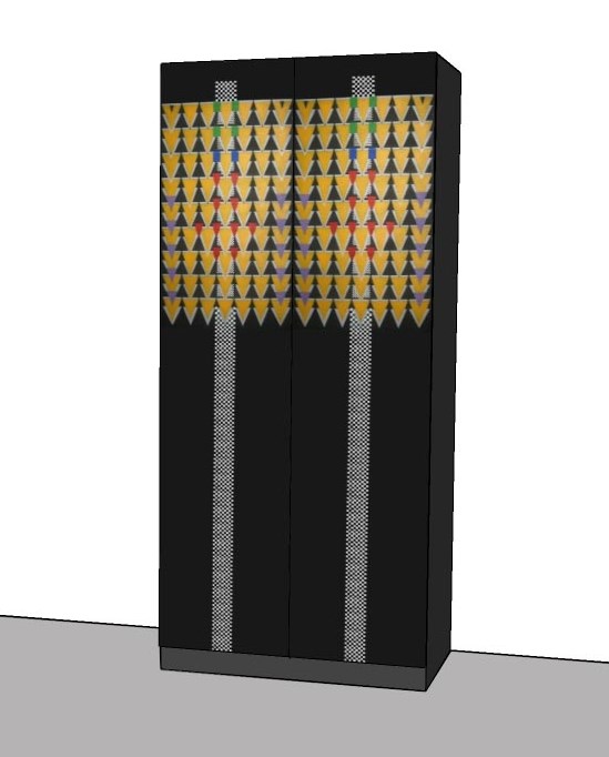 new CR Mackintosh Derngate style black painted bedroom 2 door wardrobe with painted Cubist patterns on doors