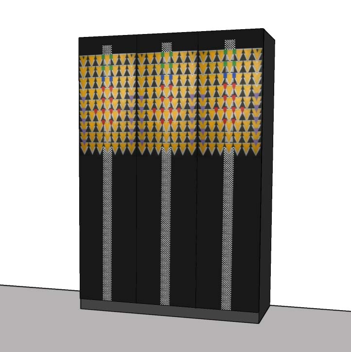 new CR Mackintosh Derngate style black painted bedroom 3 door wardrobe with painted Cubist patterns on doors