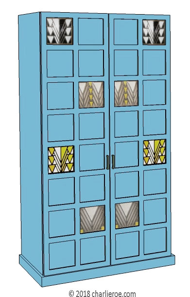 new CR Mackintosh Derngate style lacquered painted bedroom 2 door wardrobe with stained glass door panels, painted like the blue China room at Ingram Street tea rooms