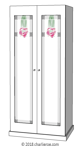 new CR Mackintosh white lacquered painted bedroom 2 door wardrobe with Hill House stencilled designs in the door panels