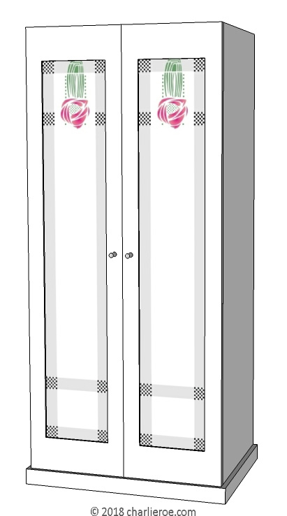 new CR Mackintosh white lacquered painted bedroom 2 door wardrobe with Hill House stencilled designs in the door panels, with an alternate bottom pattern