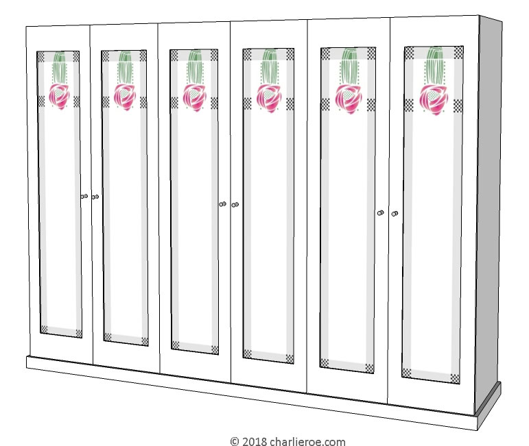 new CR Mackintosh white lacquered painted bedroom 6 door wardrobe with Hill House stencilled designs in the door panels
