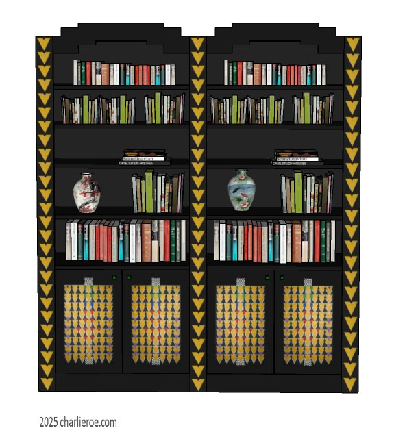 new CR Mackintosh black lacquered painted double 2 bay bookcase with Derngate style ornate decorative vertical rails and doors