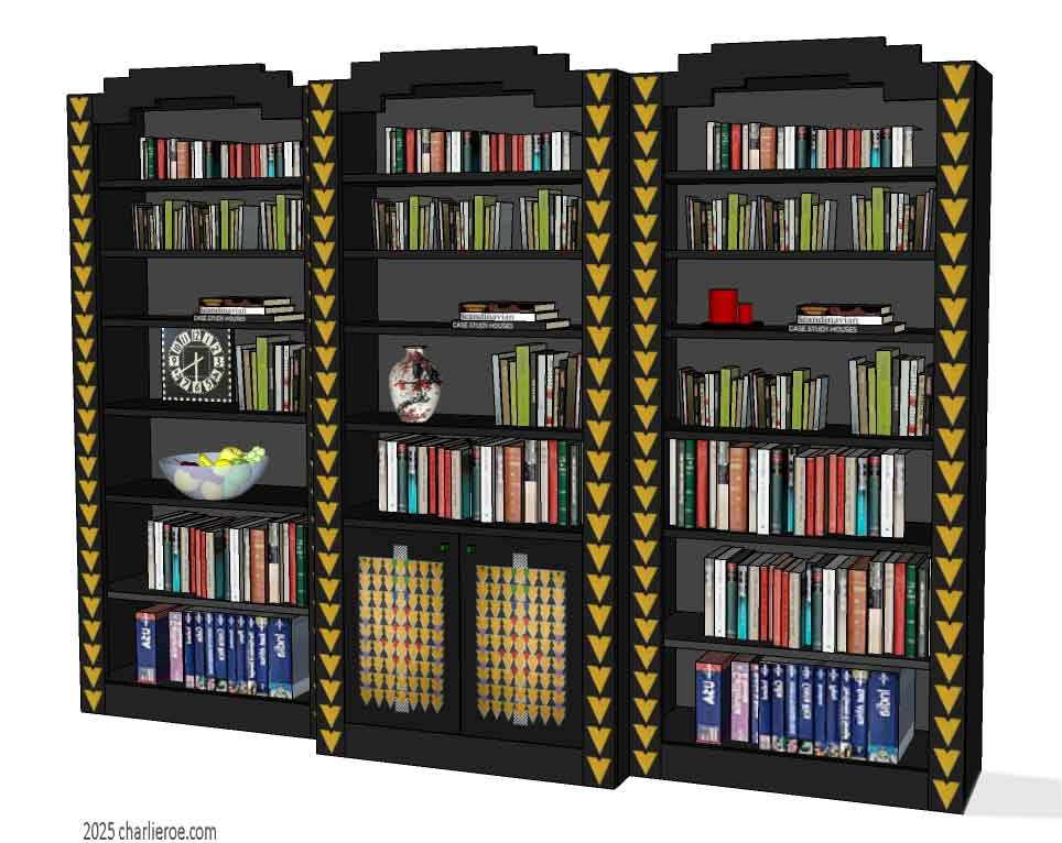 new CR Mackintosh black lacquered painted triple 3 bay breakfrontbookcase with Derngate style ornate decorative vertical rails and doors