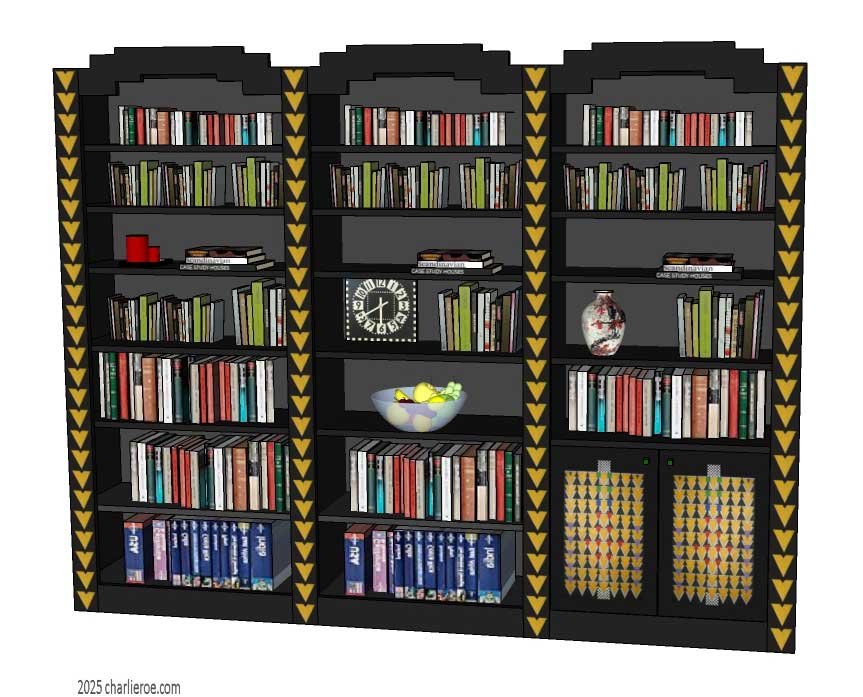 new CR Mackintosh black lacquered painted triple 3 bay  bookcase with Derngate style ornate decorative vertical rails and doors