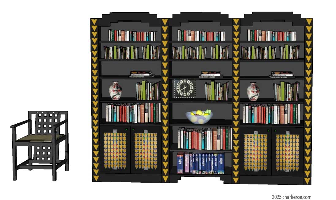 new CR Mackintosh black lacquered painted triple 3 bay bookcase with Derngate style ornate decorative vertical rails and doors