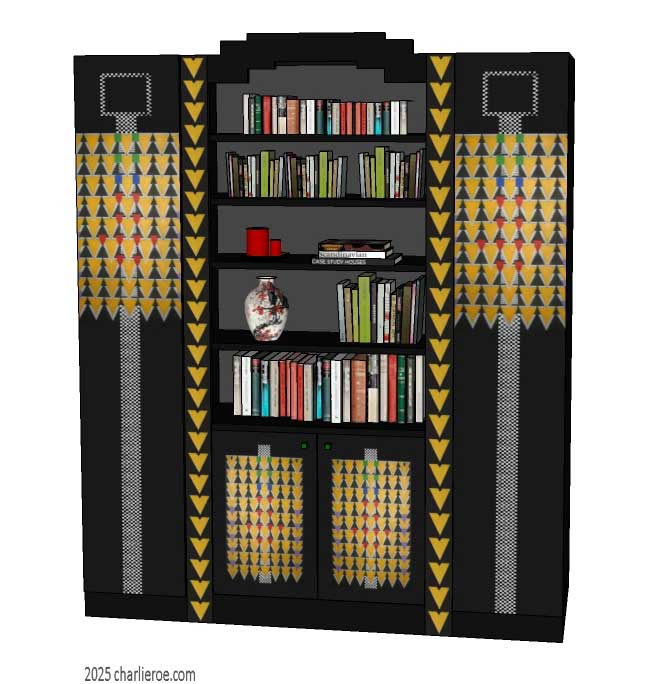 new CR Mackintosh black lacquered painted triple 3 bay bookcase with Derngate style ornate decorative vertical rails and doors