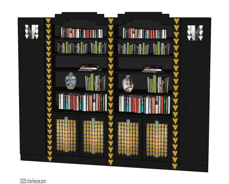 new CR Mackintosh black lacquered painted 4 section bookcase with Derngate style ornate decorative vertical rails and doors