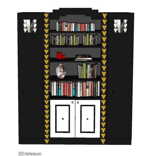 new CR Mackintosh black lacquered painted double 2 bay bookcase with Derngate style ornate decorative vertical rails and doors