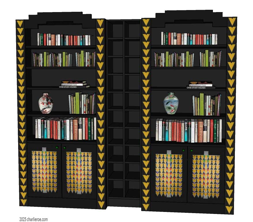 new CR Mackintosh black lacquered painted 3 section bookcase with Derngate style ornate decorative vertical rails and doors