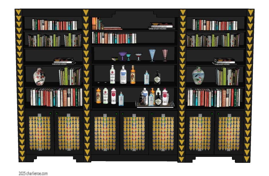 new CR Mackintosh black lacquered painted triple 3 bay bar / bookcase with Derngate style ornate decorative vertical rails and doors