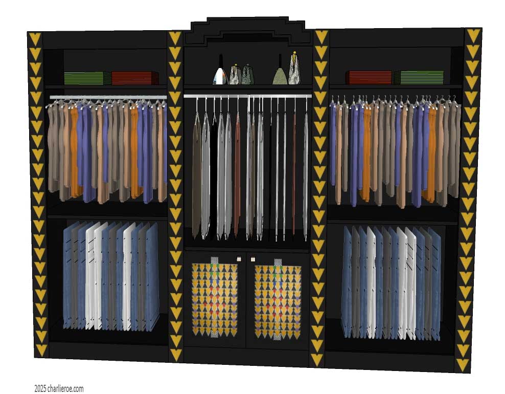 new CR Mackintosh lacquered painted 3 bay bedroom closet style wardrobes with Derngate style ornate decorative vertical rails and doors