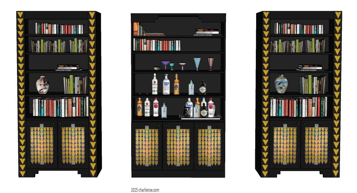 new CR Mackintosh black lacquered painted bookcase bay sections with Derngate style ornate decorative vertical rails and doors