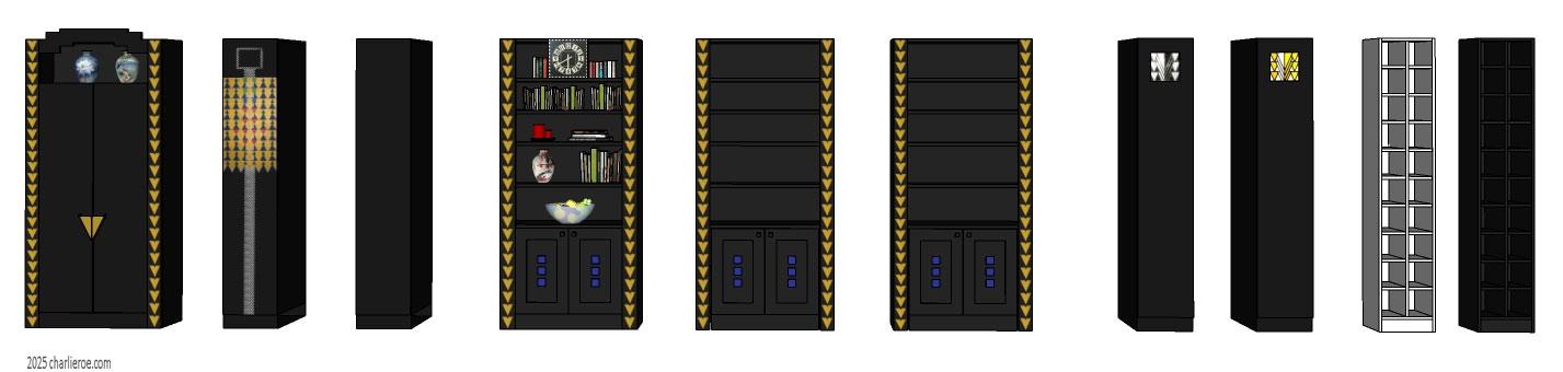 new CR Mackintosh black lacquered painted bookcase bay sections with Derngate style ornate decorative vertical rails and doors