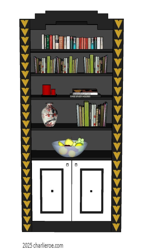 new CR Mackintosh black & white lacquered painted single bay 2 door bookcase with Derngate style ornate decorative vertical rails and doors