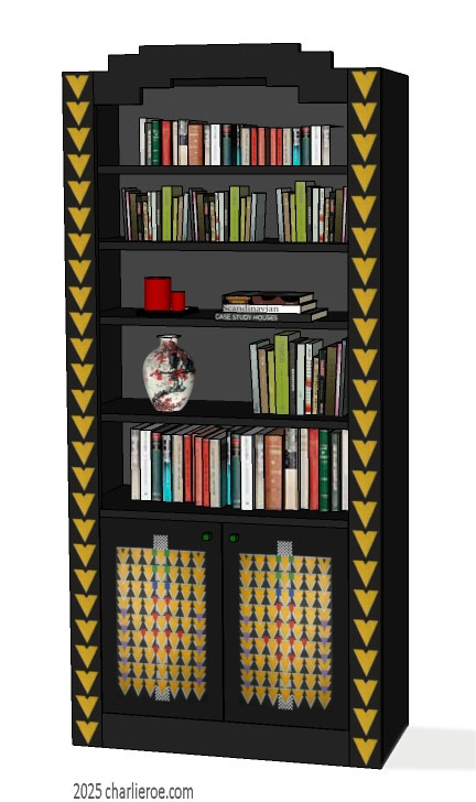new CR Mackintosh black lacquered painted double single bay bookcase with Derngate style ornate decorative vertical rails and doors