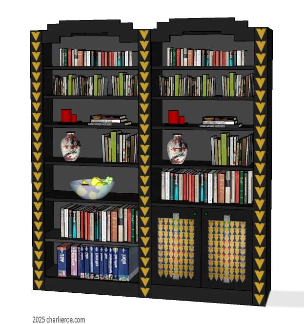 new CR Mackintosh black lacquered painted double 2 bay bookcase with Derngate style ornate decorative vertical rails and doors