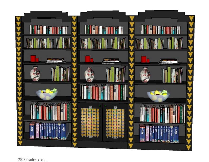 new CR Mackintosh black lacquered painted triple 3 bay bookcase with Derngate style ornate decorative vertical rails and doors