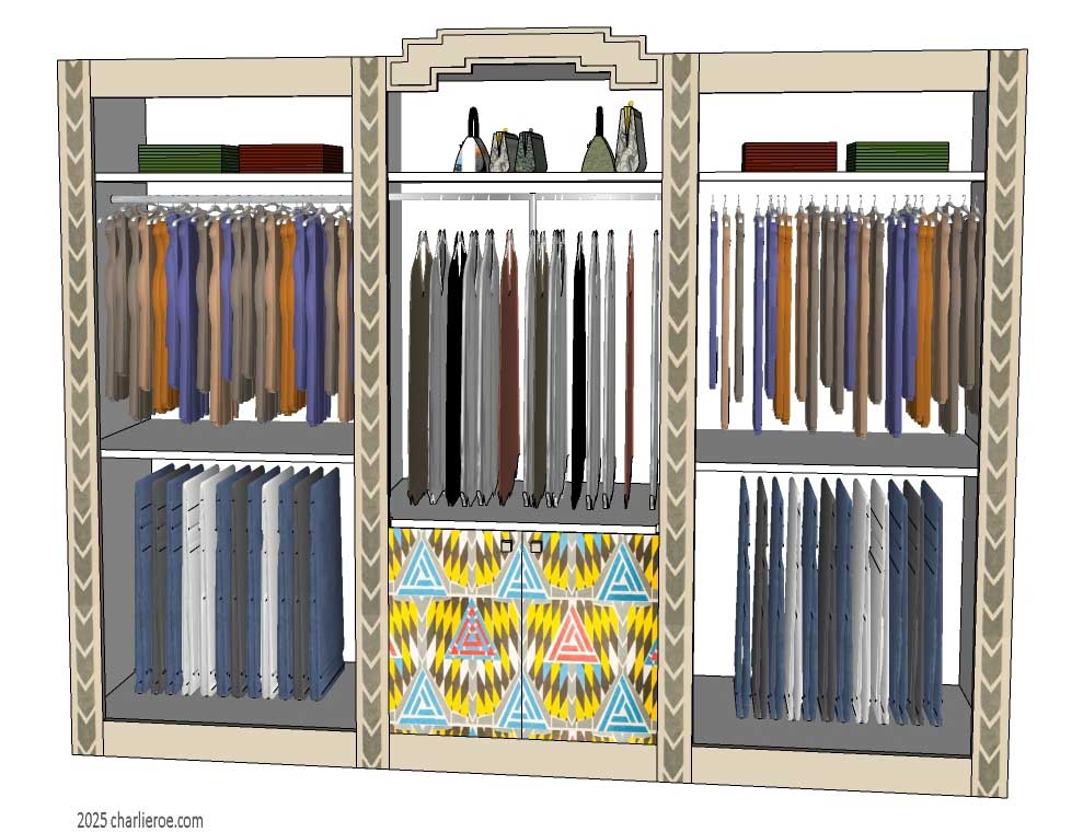 new CR Mackintosh lacquered painted closet style wardrobes with alternative Derngate style ornate decorative vertical rails and doors
