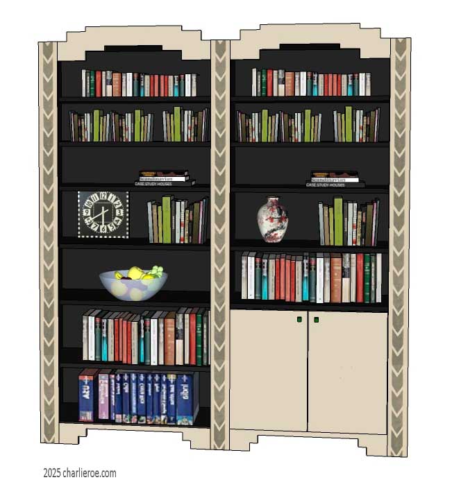 new CR Mackintosh lacquered painted 2 bay bookcase with ornate vertical rails and door panels