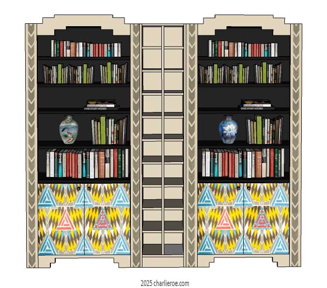 new CR Mackintosh lacquered painted 3 bay bookcase with ornate vertical rails and door panels