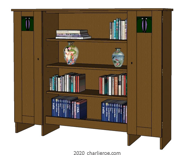 New CR Mackintosh oak wood finish freestanding display cabinet bookcase with stained glass door panels