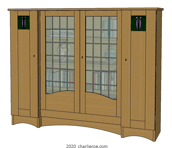 New CR Mackintosh oak wood finish freestanding display cabinet bookcase with stained glass door panels