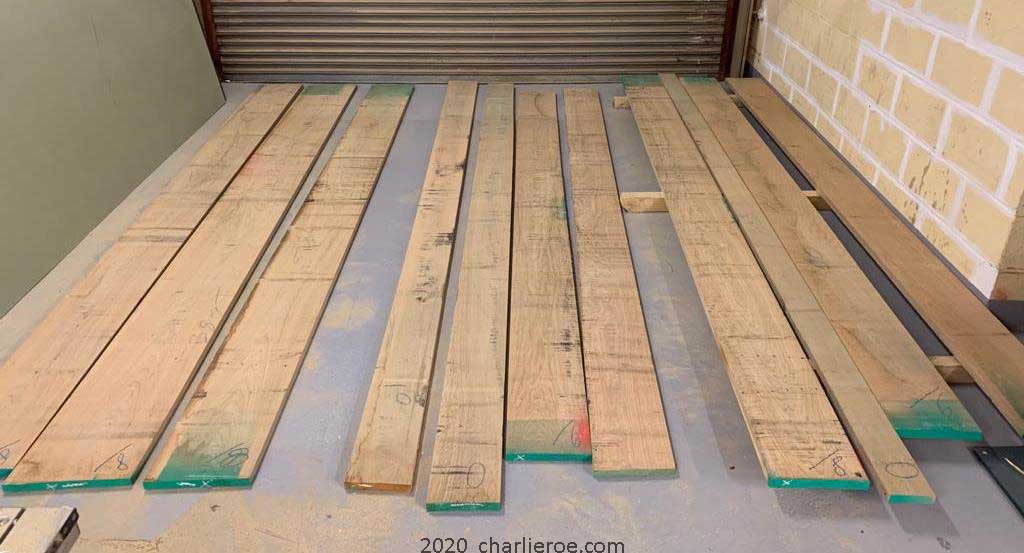 Rough sawn oak wood boards for New CR Mackintosh freestanding display cabinet bookcase with stained glass door panels