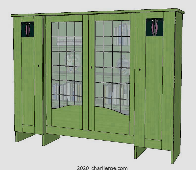 New CR Mackintosh oak wood finish freestanding display cabinet bookcase with stained glass door panels