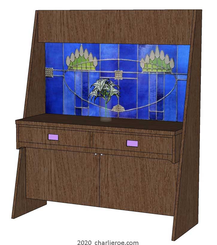 New CR Mackintosh freestanding bookcase cabinet in dark wood finish with ornate stained leaded glass back panel