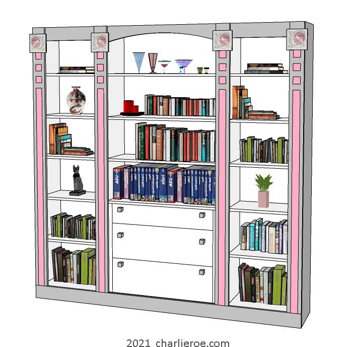 new CR Mackintosh style painted lacquered freestanding triple bay bookcase or display unit or library