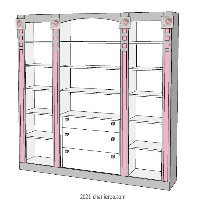 new CR Mackintosh white, grey & pink painted lacquered painted triple 3 bay bay bookcase with drawers