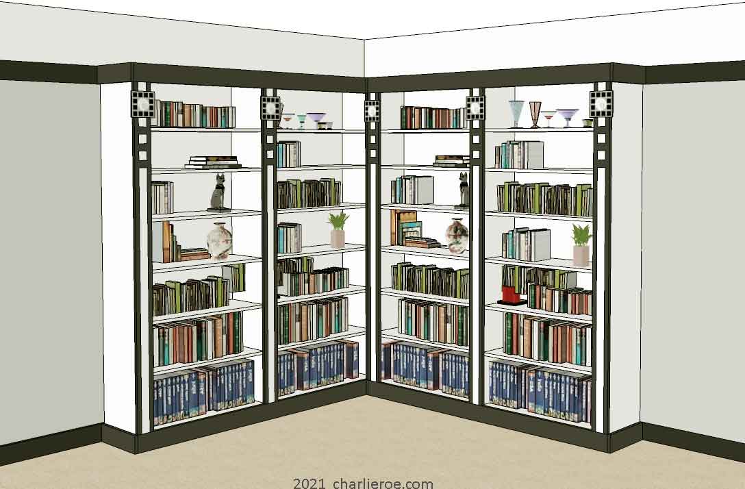new CR Mackintosh white & black painted lacquered painted corner 4 bay/section bookcase with ornate vertical rails