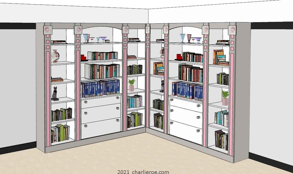 new CR Mackintosh white, grey & pink painted lacquered painted 6 bay corner bookcase with drawers