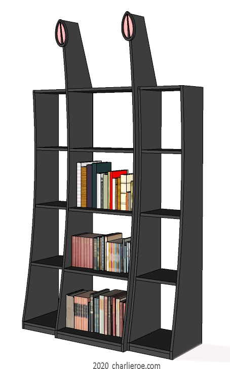 new CR Mackintosh black painted lacquered freestanding triple display shelf unit bookcase with applied heart shaped carvings