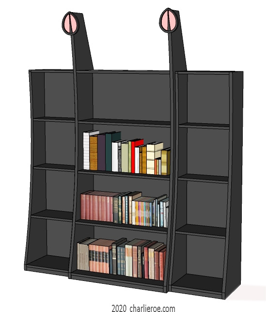 new CR Mackintosh black painted freestanding display triple bay bookcase with elongated verticals and carved finials