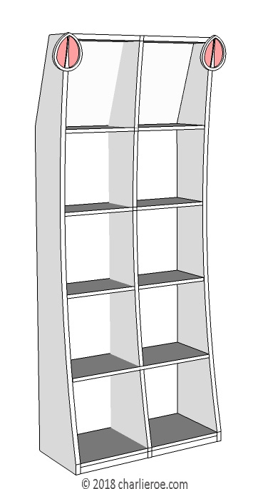 new CR Mackintosh painted lacquered finish freestanding display unit cabinet bookcase with applied heart shaped carvings and with center panel used to create square openings