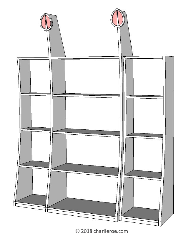 new CR Mackintosh painted lacquered freestanding triple display shelf unit bookcase with applied heart shaped carvings