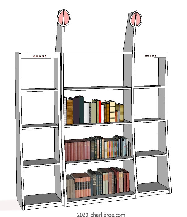 new CR Mackintosh painted lacquered freestanding triple display shelf unit bookcase with applied heart shaped carvings