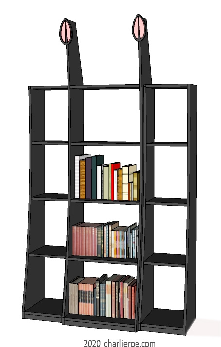 new CR Mackintosh black painted lacquered freestanding triple display shelf unit bookcase with applied heart shaped carvings
