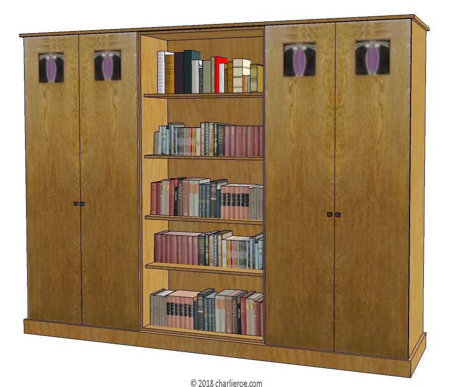 new CR Mackintosh oak wood finish freestanding display cabinet bookcase with stained glass panels