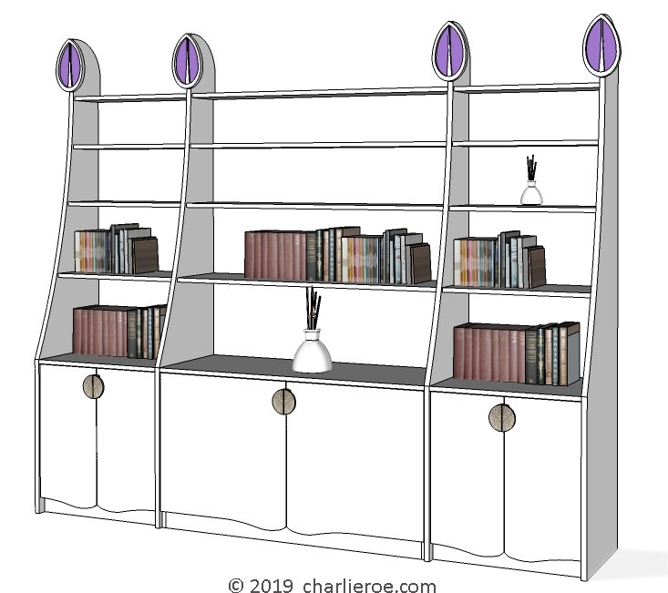 new CR Mackintosh white painted 3 bay 6 door display bookcase with elongated verticals and carved finials