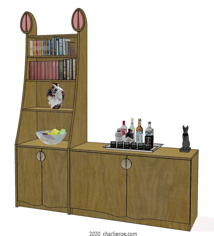 new CR Mackintosh medium Oak finish freestanding display cabinet bookcase and matching sideboard with applied heart shaped carvings