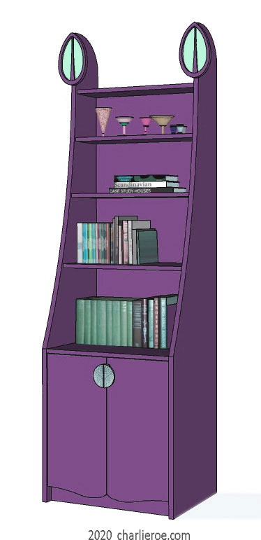 new CR Mackintosh lacquered painted freestanding 2 door display cabinet bookcase with applied heart shaped carvings