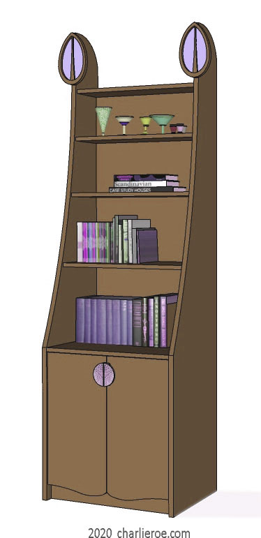 new CR Mackintosh lacquered painted freestanding 2 door display cabinet bookcase with applied heart shaped carvings