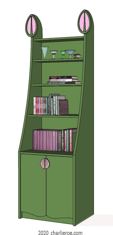 new CR Mackintosh lacquered painted finish freestanding display cabinet bookcase with applied heart shaped carvings