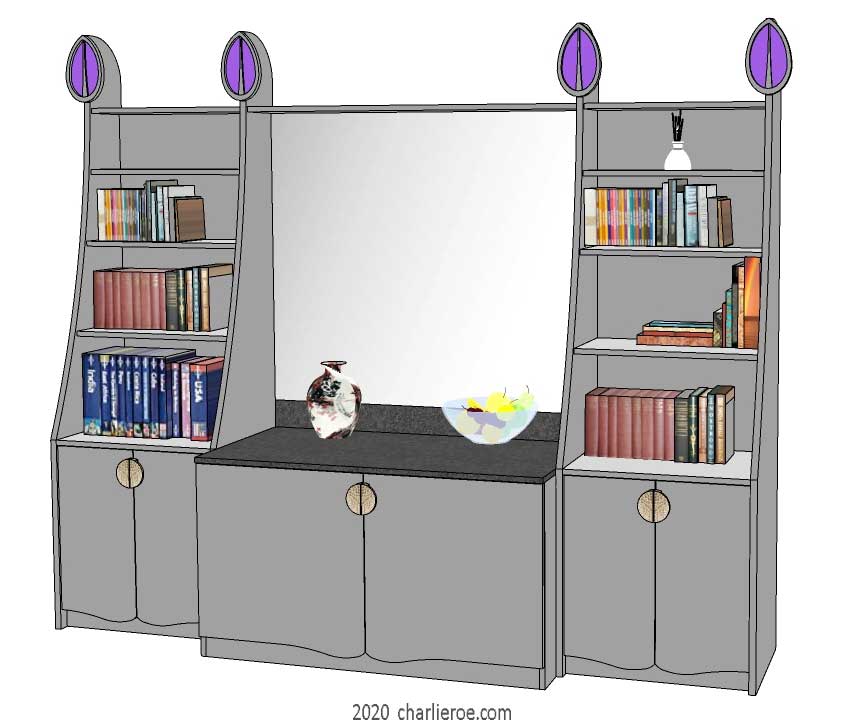 new CR Mackintosh painted silver grey 3 bay 6 door breakfront display/storage unit with elongated verticals and carved finials with a large mirrored back