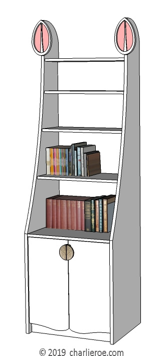 new CR Mackintosh white lacquered painted freestanding 2 door display cabinet bookcase with applied heart shaped carvings